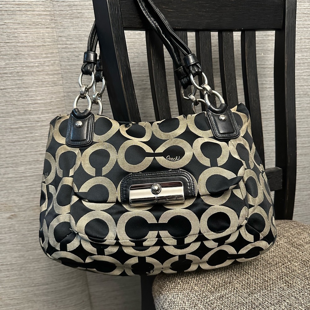 Coach Black and Tan Signature Shoulder Bag